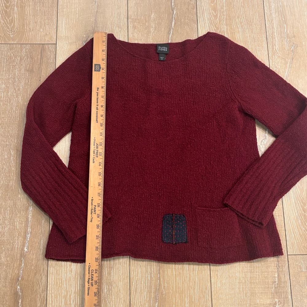Eileen Fisher Burgundy Wool Blend Boucle Sweater Sashiko Patch Pocket Medium - Picture 7 of 8